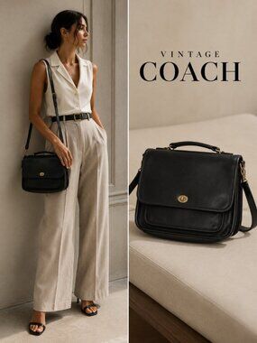 Vintage Coach Legacy Willis Black Leather Messenger Briefcase Bag Made in USA